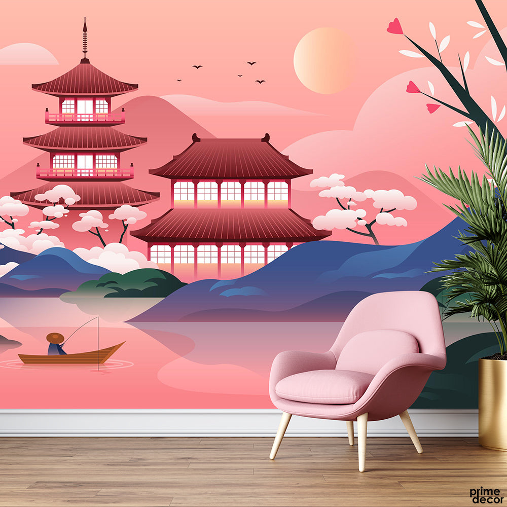 Light Carmine Pink Chinese Huts Pagoda With River Flowing | Nature Wallpaper Mural - Prime Décor