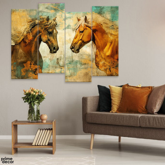 Abstract Beautiful Brown Horses (4 Panel) Animal Wall Art - Prime Décor