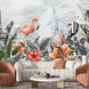 Black & White Exotic Leaves With Flamingo | Floral Wallpaper Mural