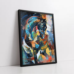 Abstract Geometric Stallion in Blue & Amber Tones Cubist Style (Single Panel) Digital Painting Wall Art