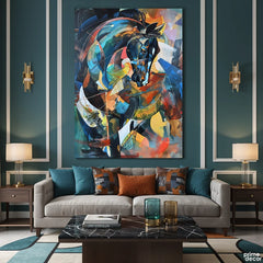 Abstract Geometric Stallion in Blue & Amber Tones Cubist Style (Single Panel) Digital Painting Wall Art