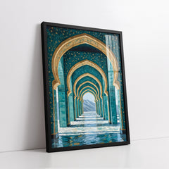 Islamic Architecture Arched Corridor with Gold Floral Accents (Single Panel) Digital Painting Wall Art