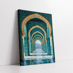 Islamic Architecture Arched Corridor with Gold Floral Accents (Single Panel) Digital Painting Wall Art