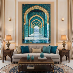 Islamic Architecture Arched Corridor with Gold Floral Accents (Single Panel) Digital Painting Wall Art