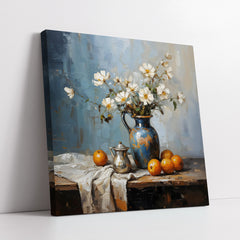 Rustic Floral White Daisies in Blue Ceramic Vase & Oranges  (Single Panel) Digital Painting Wall Art