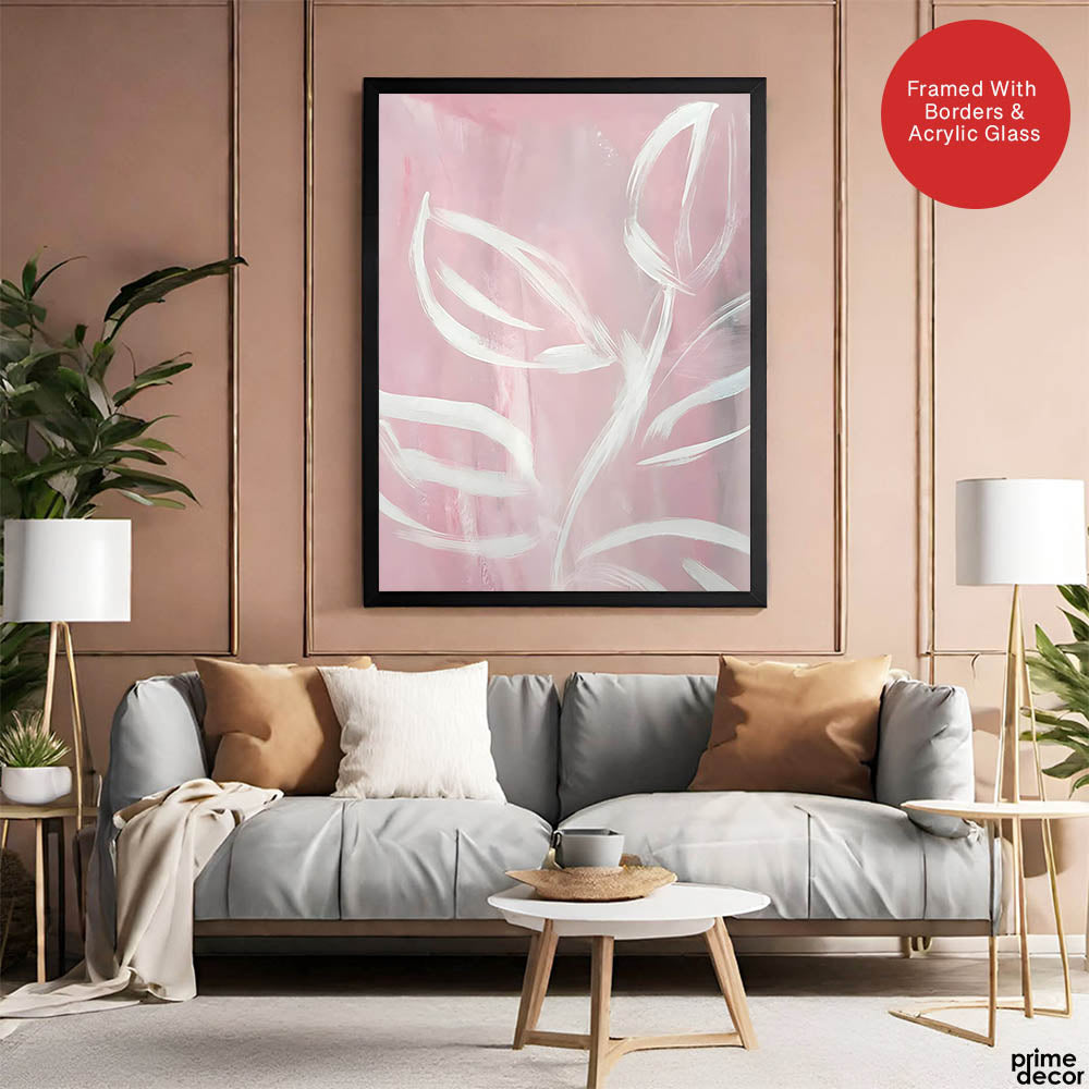 White Floral Art Over Beige Background | Abstract Floral Artwork #00377 - Prime Décor