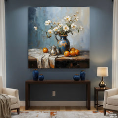 Rustic Floral White Daisies in Blue Ceramic Vase & Oranges  (Single Panel) Digital Painting Wall Art