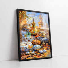 Arabian Tea Set Overlooking Mosque Minaret (Single Panel) Digital Painting Wall Art