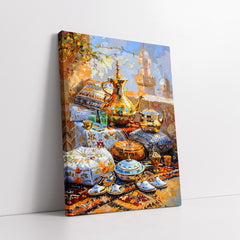 Arabian Tea Set Overlooking Mosque Minaret (Single Panel) Digital Painting Wall Art