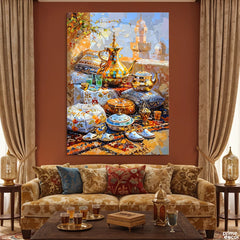 Arabian Tea Set Overlooking Mosque Minaret (Single Panel) Digital Painting Wall Art