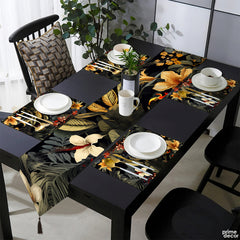 Peach & Gold Tropical Flowers On Black Background | Table Runner and Placemat Set