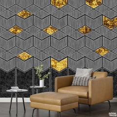 3D Geometric Cubes & Gold Diamonds With Textured Grey Background | Modern Luxury Wallpaper Mural
