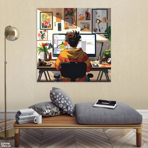 Man Working In A Creative Workspace (Single Panel) Office Square Wall Art
