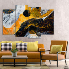 Black & Gold Abstract Linear Artwork With White Background (4 Panel) Abstract Wall Art