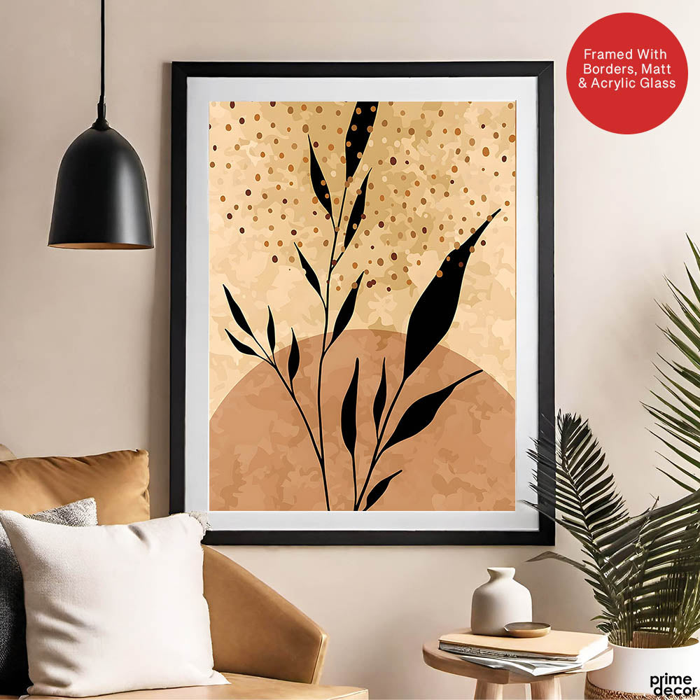 Black Tropical Leaves On Brown & Beige Background | Abstract Floral Artwork #0037 - Prime Décor