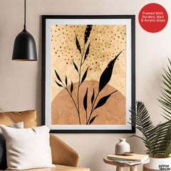 Black Tropical Leaves On Brown & Beige Background | Abstract Floral Artwork #0037 - Prime Décor