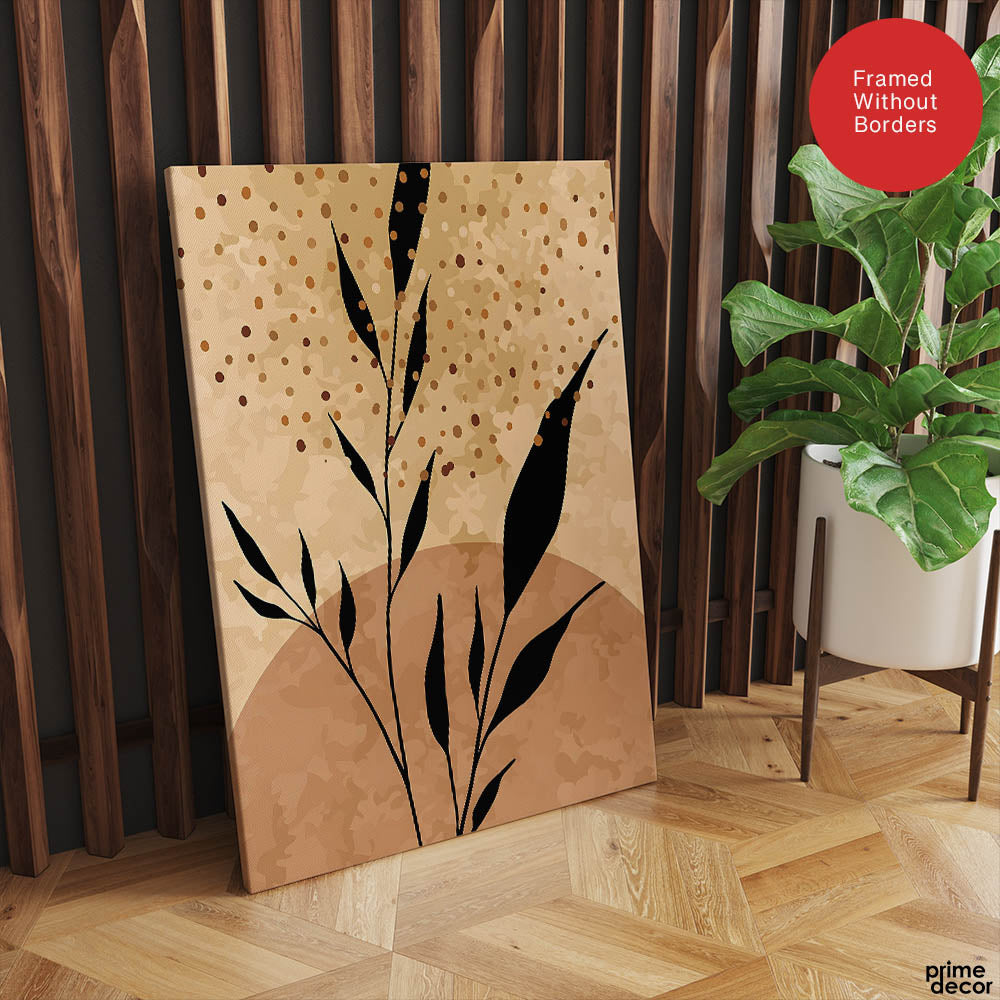 Black Tropical Leaves On Brown & Beige Background | Abstract Floral Artwork #0037 - Prime Décor