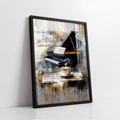 Piano & Steaming Coffee with Music Sheet Abstract (Single Panel) Digital Painting Wall Art