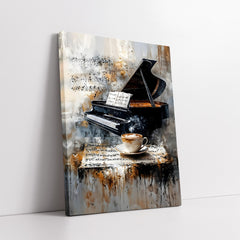 Piano & Steaming Coffee with Music Sheet Abstract (Single Panel) Digital Painting Wall Art