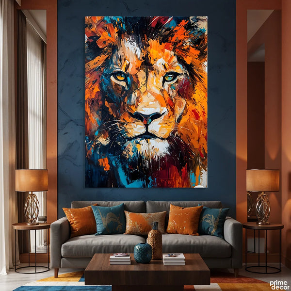 Majestic Lion Portrait with Vibrant Orange & Blue Brushstrokes (Single Panel) Digital Painting Wall Art