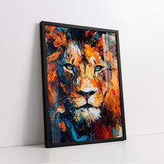Majestic Lion Portrait with Vibrant Orange & Blue Brushstrokes (Single Panel) Digital Painting Wall Art