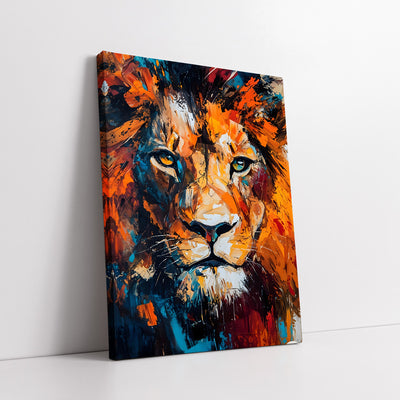 Majestic Lion Portrait with Vibrant Orange & Blue Brushstrokes (Single Panel) Digital Painting Wall Art