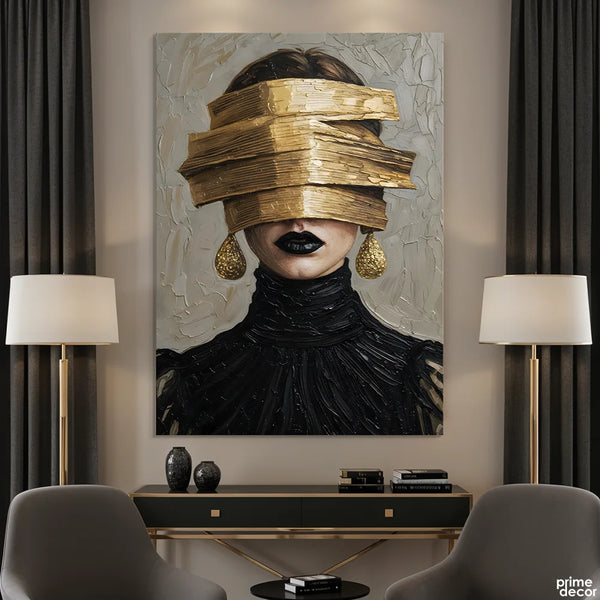 Glamour Noir Blindfold With Gold Texture Knife Work (Single Panel) Digital Painting Wall Art (Copy)
