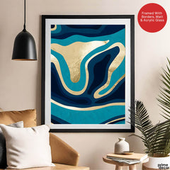 Blue & Gold Abstract Art Over Green Background | Abstract Office Artwork #00388 - Prime Décor