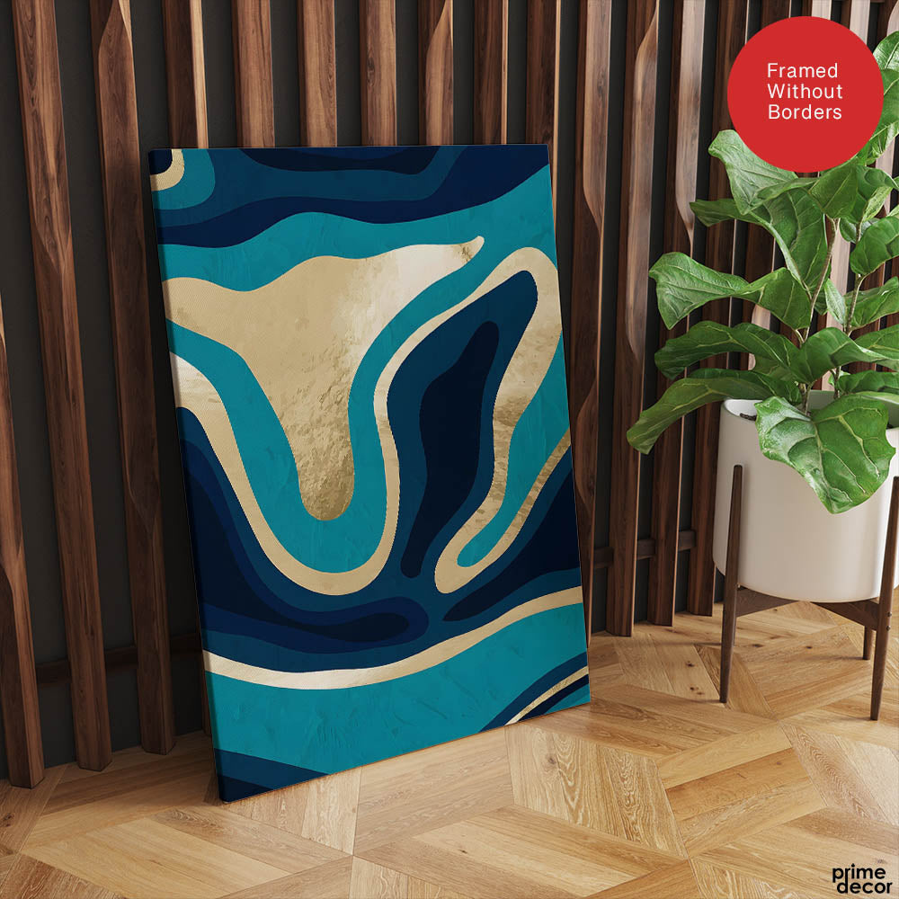 Blue & Gold Abstract Art Over Green Background | Abstract Office Artwork #00388 - Prime Décor
