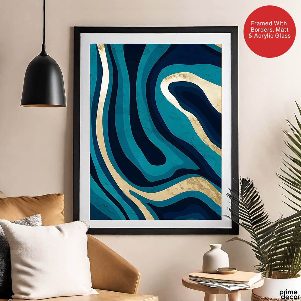 Blue & Gold Abstract Art Over Green Background | Abstract Office Artwork #00389 - Prime Décor