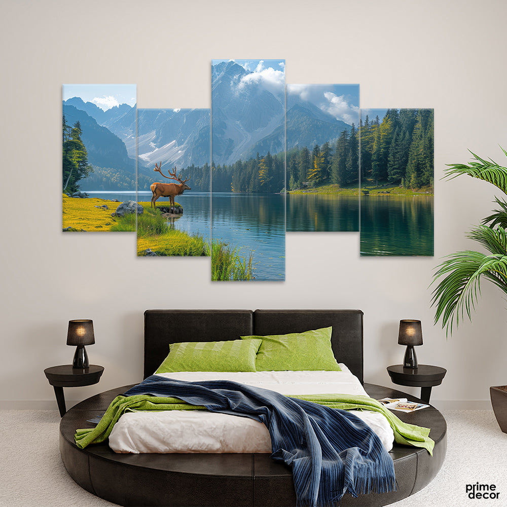 Deer In The Forest Over Beautiful Mountains (5 Panel) Animal Wall Art - Prime Décor
