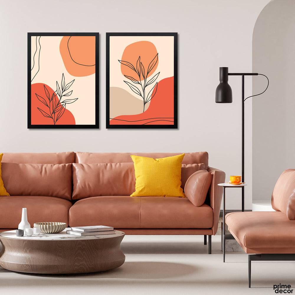 Atomic Tangerine Blobs With Minimal Leafy Line Art (2 Panel) Nordic Wall Art - Prime Décor