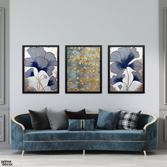 Navy & Gold Metallic Ginkgo Floral (3 Panel) Abstract Wall Art
