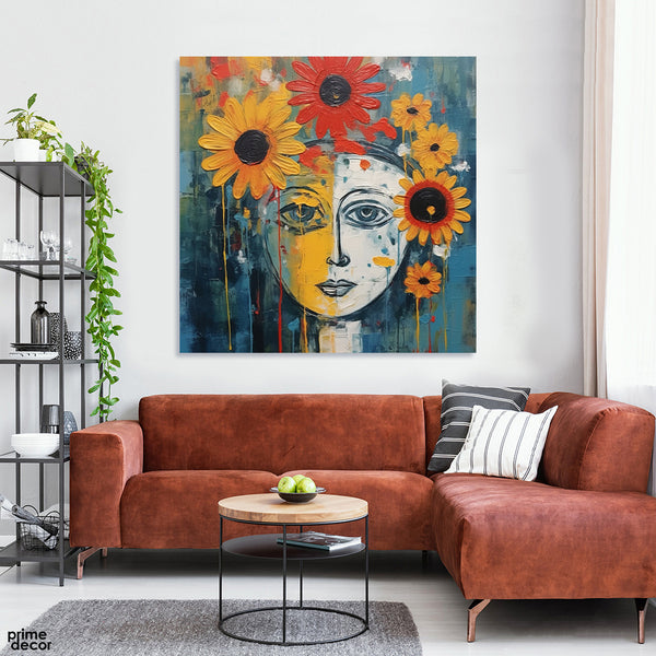 Abstract Women Face Artwork With Sunflowers (Single Panel) Fashion  Square Wall Art