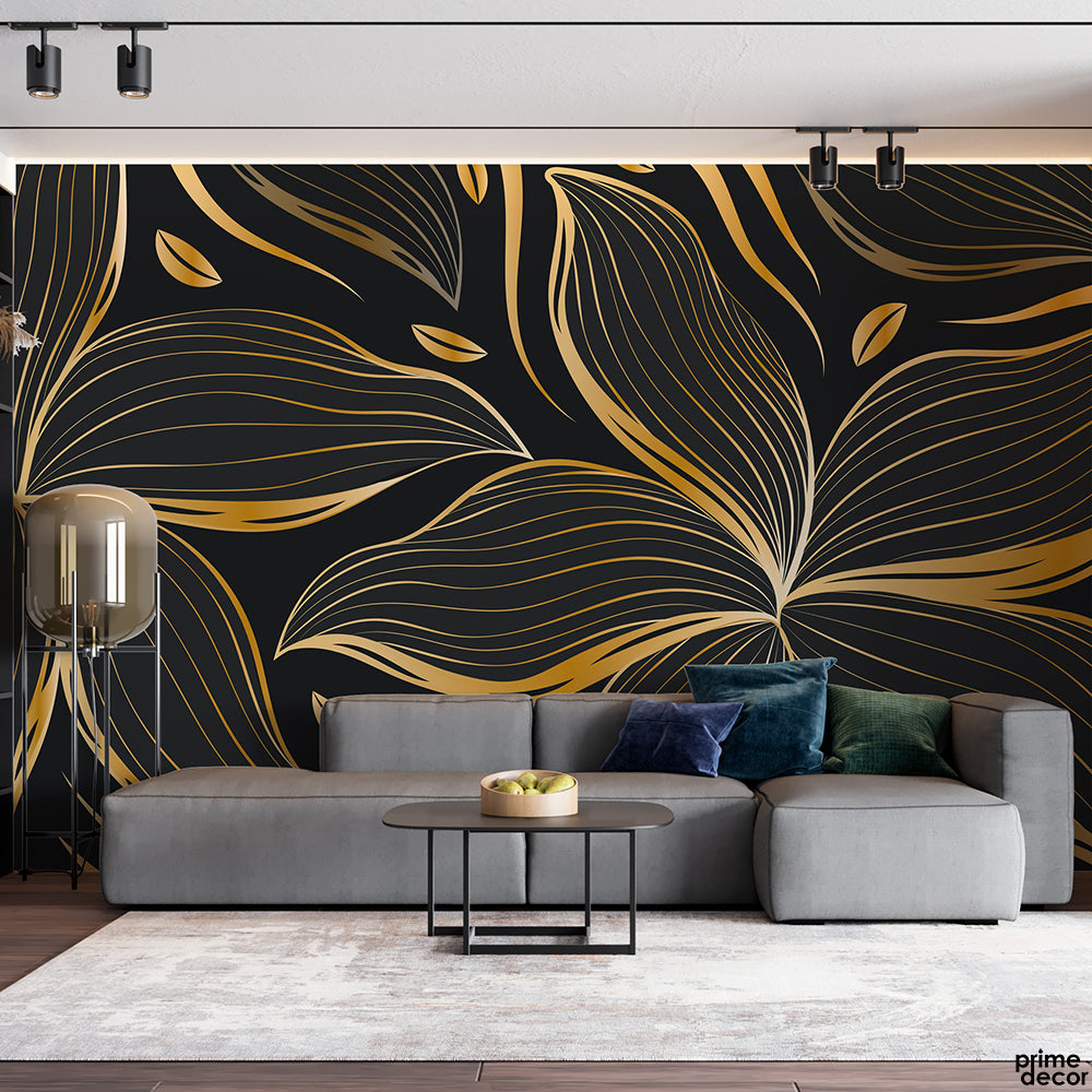 Gradient Grey & Golden Floral Line Art Style | Floral Wallpaper Mural - Prime Décor