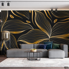 Gradient Grey & Golden Floral Line Art Style | Floral Wallpaper Mural - Prime Décor