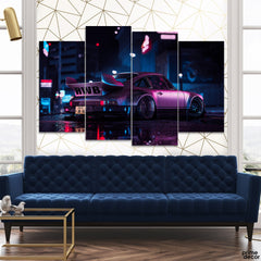 Beautiful Purple Car In A Rainy Night (4 Panel) Car Wall Art - Prime Décor