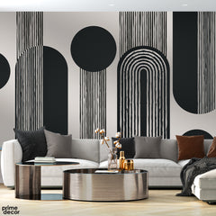 Black Striped Arches & Solid Circles With Beige Background | Contemporary Geometric Wallpaper Mural