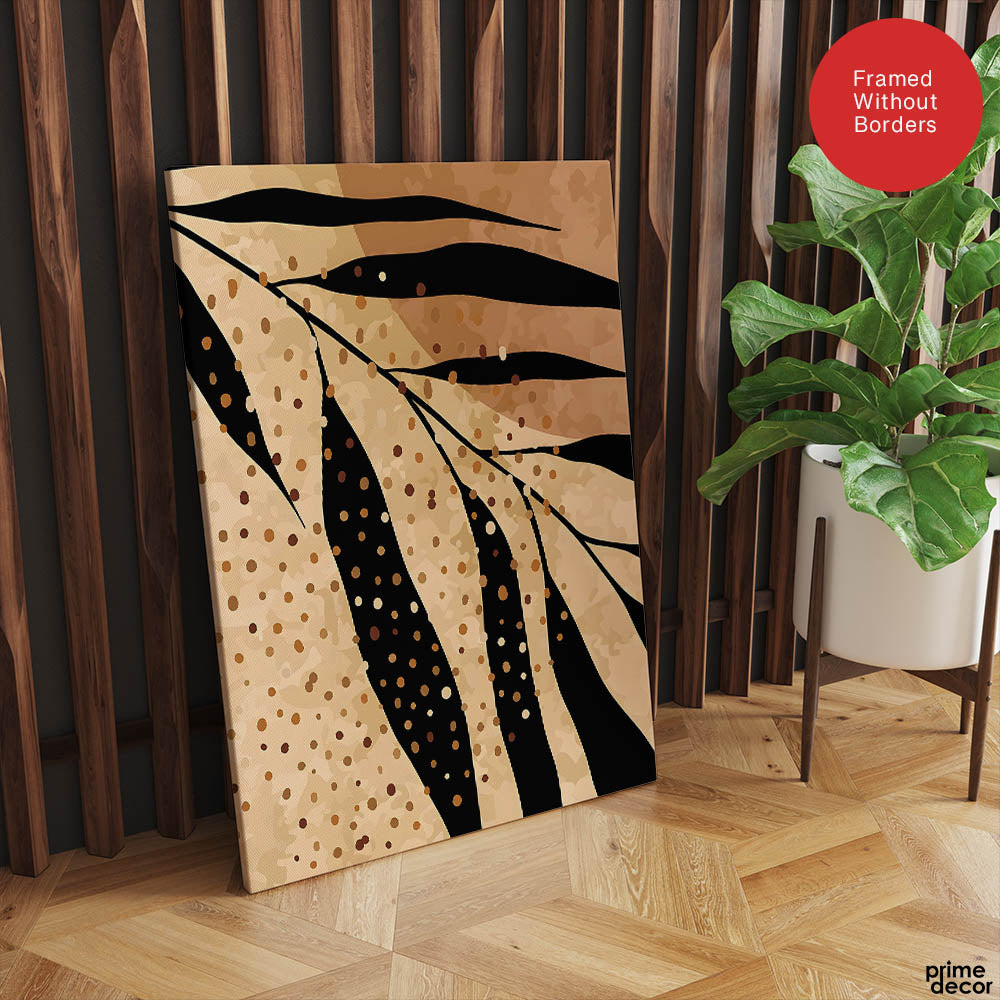 Black Tropical Leaves On Brown & Beige Background | Abstract Floral Artwork #0038 - Prime Décor