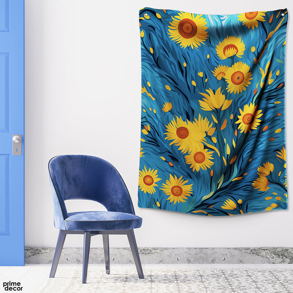 Beautiful Sunflowers Over Blue Background  | Floral Tapestry