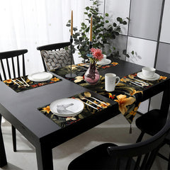 Peach & Gold Tropical Flowers On Black Background | Table Runner and Placemat Set