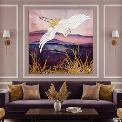 Majestic Japanese Flying Crane With Golden Accents (Single Panel) Digital Painting Wall Art