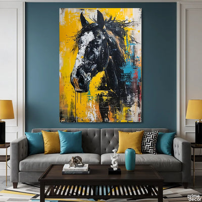 Energetic Black Horse With Yellow Accents Textured Style (Single Panel) Digital Painting Wall Art