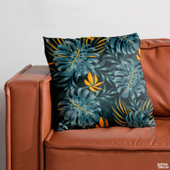 Green Exotic Leaves Over Black Background | Floral Cushion #392