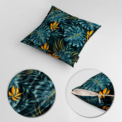 Green Exotic Leaves Over Black Background | Floral Cushion #392