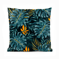 Green Exotic Leaves Over Black Background | Floral Cushion #392