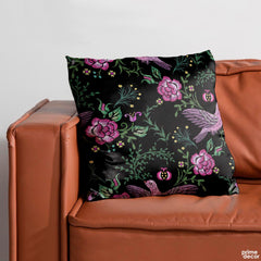 Green & Pink Flowers Over Black Background | Floral Cushion #394