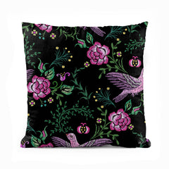 Green & Pink Flowers Over Black Background | Floral Cushion #394