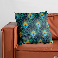 Peacock Feather Artwork Over Blue Background | Floral Cushion #399