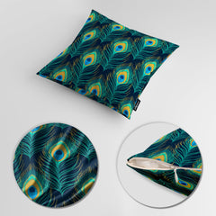 Peacock Feather Artwork Over Blue Background | Floral Cushion #399
